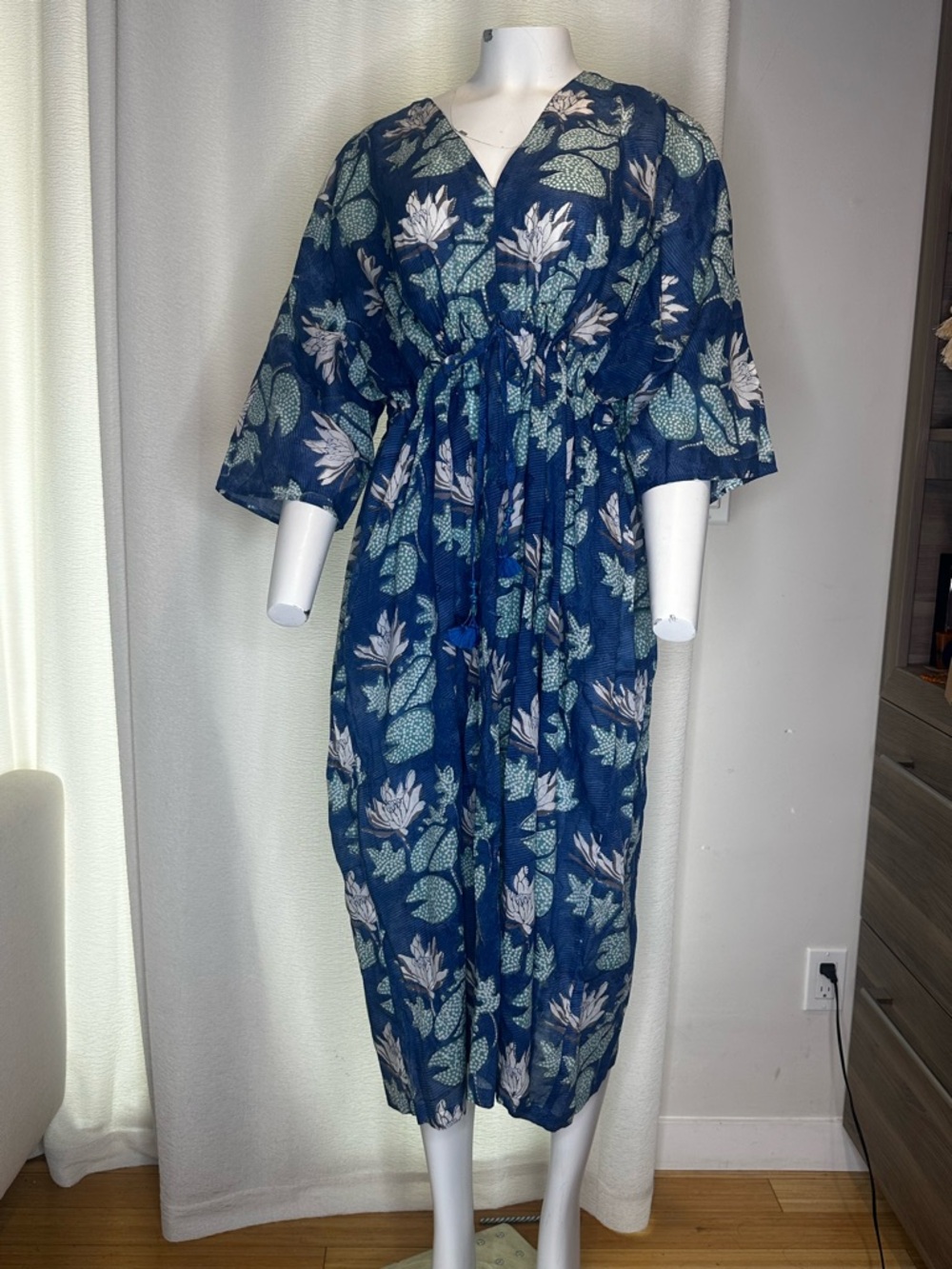 Anokhi Floral Organic Cotton Tunic in Teal & Navy w pockets OS